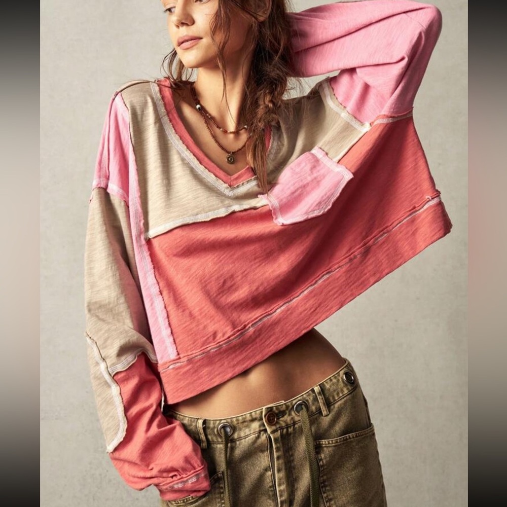 Boho cotton V neck color block blouse - Picture 6 of 8